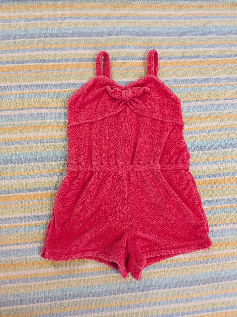 Janie and Jack Girls' Size 7 Pink Terry Cloth Bow Front Swim Cover-Up Romper Poc